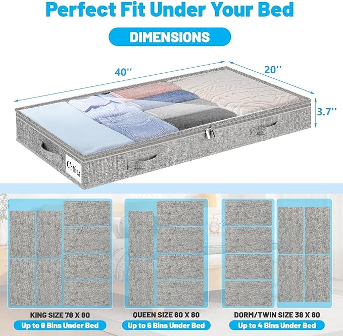 4 Inch Low Profile Under Bed Storage Drawer 2 Pack, Lightweight Underbed Clothes Storage Container Bins With NO STURCTURE, Shallow Storage Bag for Dorm & Home, With Clear Lids & Water-Resistant Fabric