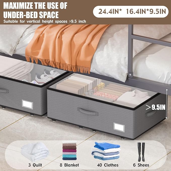 EE-RoomWorld Under Bed Storage with Wheels, No Assemble Required 10 inches height Under Bed Storage bins,Large capacity Rolling Underbed Shoe Storage containers，dorm underbed storage drawers