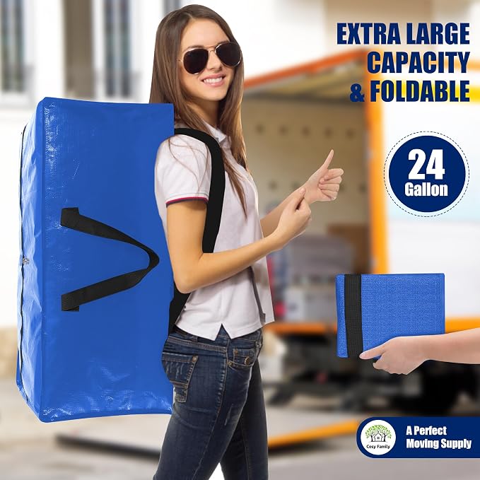 Cosy Family 12 Pack Heavy Duty Moving Bags with Backpack Straps - Strong Handles & Zippers, Storage Totes For Space Saving, Fold Flat, Alternative to Moving Box (X-Large-Set of 12, Multicolored)
