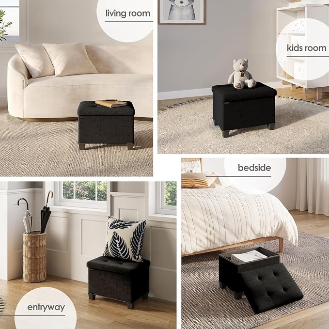 Storage Ottoman Cube with Small Bin, 16-in Square Ottoman with Storage for Living Room and Bedroom, Small Ottomans Foot Rest, Velvet Foot Stools Ottomans Max 330lbs, Black