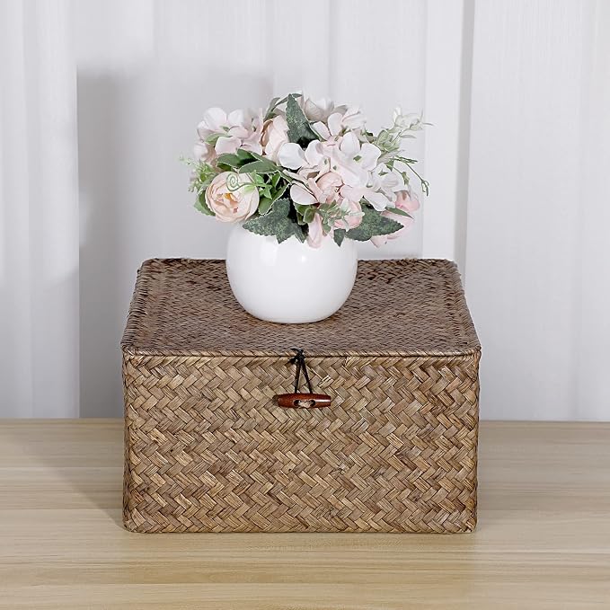 Hipiwe Wicker Shelf Baskets Bin with Lid Handwoven Seagrass Storage Basket Container Square Multipurpose Household Basket Boxes for Shelves and Home Organizer, Coffee Large