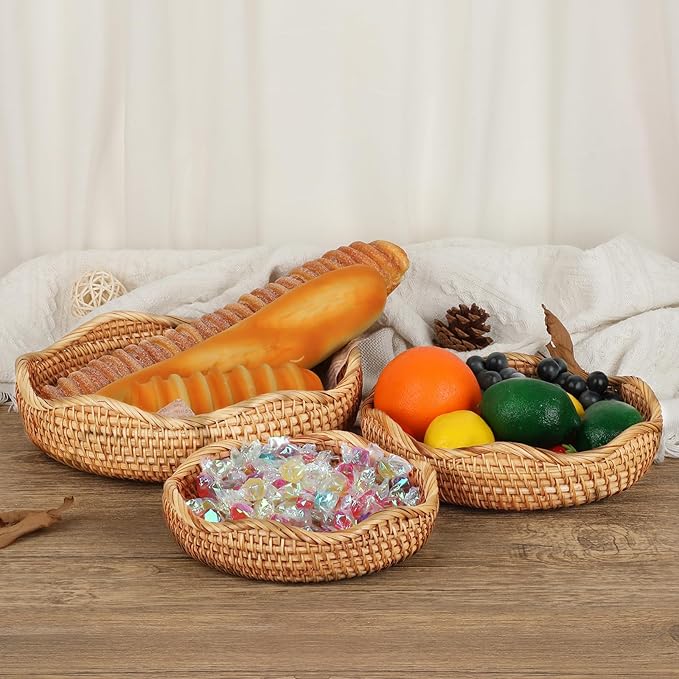 Hipiwe Natural Rattan Tray Wicker Storage Bowls Hand Woven Basket Tray for Bread Fruit Key Round Fruit Baskets for Kitchen Entryway Tabletop Decorative Baskets Bowl,10 Inches