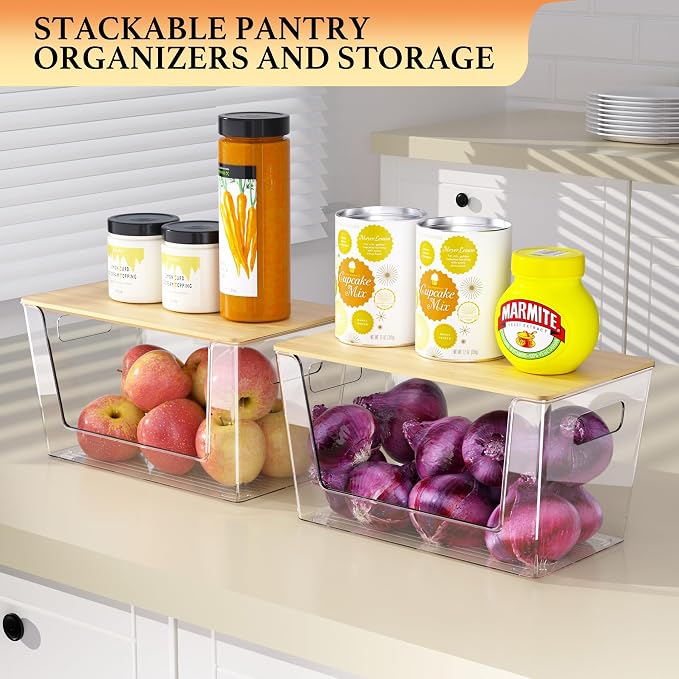 CiWiVOKi 6 Pack Clear Stackable Storage Bins with Bamboo Lids, Trash Bag Holder Dispenser Under Sink Organizer for 4-13 Gal Bags, Plastic Storage Containers for Pantry Bathroom Kitchen Organization