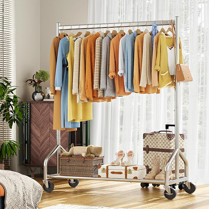 Simple Trending Heavy Duty Clothes Rack, Portable Closet, 420 LBS, Silver | Clothing Rack With Mesh Shelf, Industrial Garment Rack, Wardrobe Closet, 360°Lockable Wheels, for Bedroom, Laundry Room