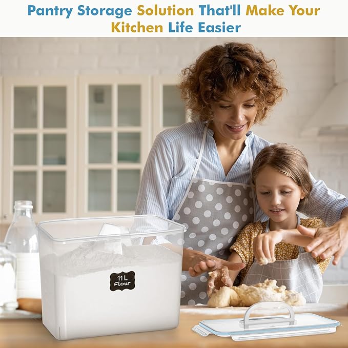 Shazo 2 PC (11L | 372 oz) Flour Sugar Storage Containers with Easy Carry Handle - Plastic Extra Large Food Storage Containers with Lids for Rice Cereal, BPA Free & Airtight Kitchen Pantry Organization