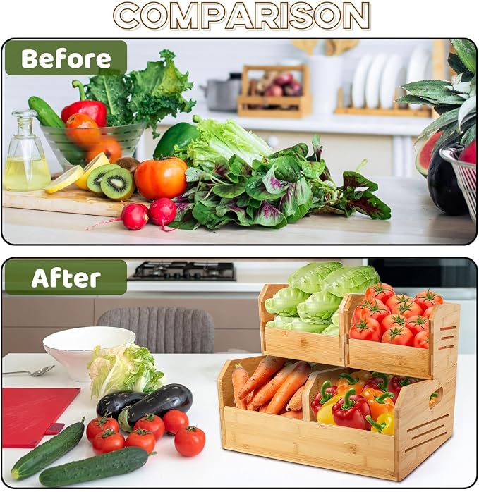Noamus 2 Tier Bamboo Stackable Storage Bins, 4 Compartment Potato and Onion Storage Baskets, Pantry Organizer Holder with Handle, Open Front Kitchen Fruit Containers for Fruit Bread Vegetable Garlic