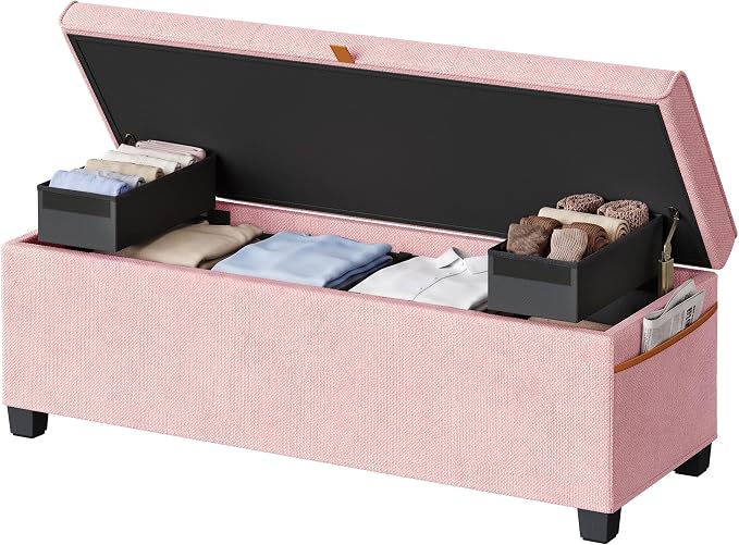 SONGMICS Home Storage Ottoman, 27 Gallons End of Bed Bench, 15.9 x 43.5 x 15.9 Inches, for Bedroom, Entryway, Living Room, Pink