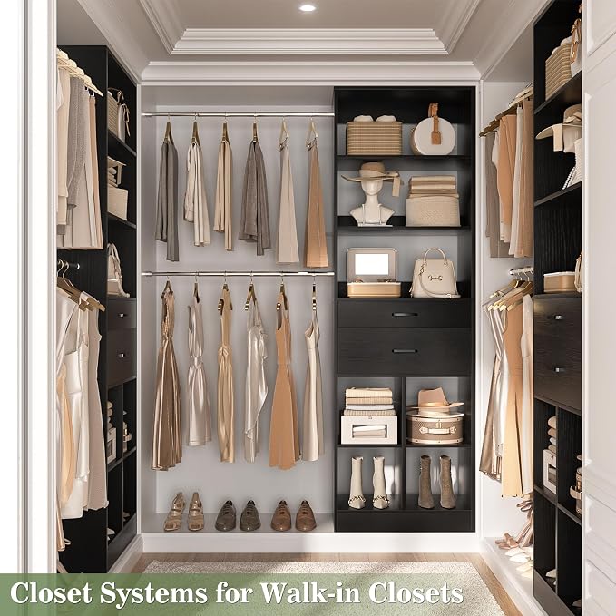 Besiost Closet System, 4-8 FT Closet Organizer Tower with 2 Wooden Drawers and Shelves, Can Fit 60 to 96 inch Walk-in Closet System with 5 Hang Rods, Built-in, Black