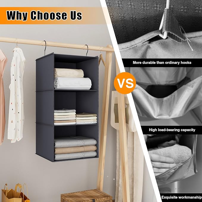 Hanging Closet Organizer 3-Shelf, Oxford Fabric Wardrobe Storage, Dark Gray | Easy-mount foldable design holds clothes, handbags, shoes & accessories; washable Oxford fabric, sturdy and space-saving.