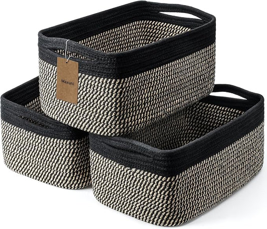 3-Pack Storage Baskets for Organizing | Woven Shelf Toy Basket | Rope Baskets for Gifts Empty | Closet Organizer Bins with Handles | Cube Decorative Box | 13.7×7.1×6.7” | Black Brown