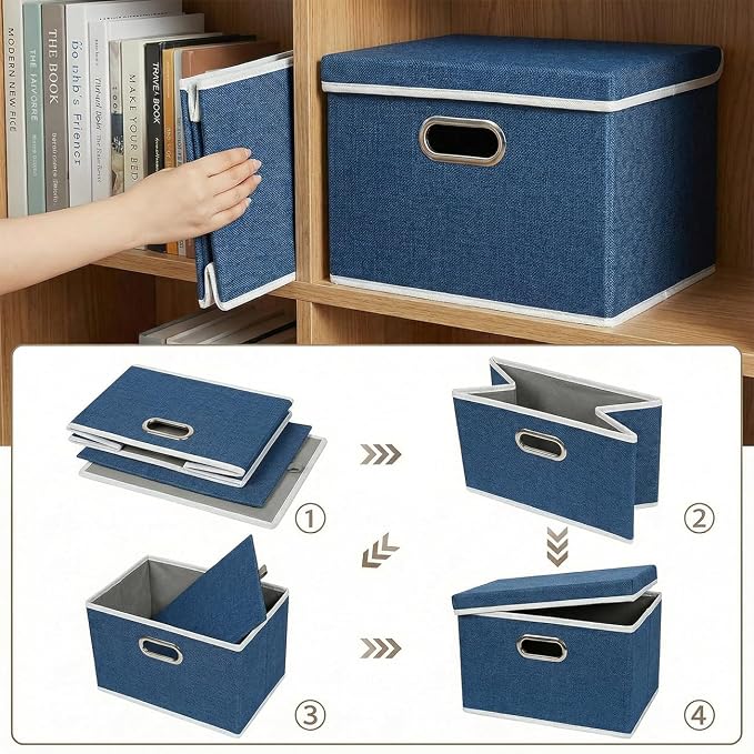 PRANDOM Storage Bins with Lids [3-Pack] Linen Fabric Foldable Storage Boxes Organizer Containers Baskets Cube with Cover for Bedroom Closet Office Royal Blue（11.4X8.6X6.7