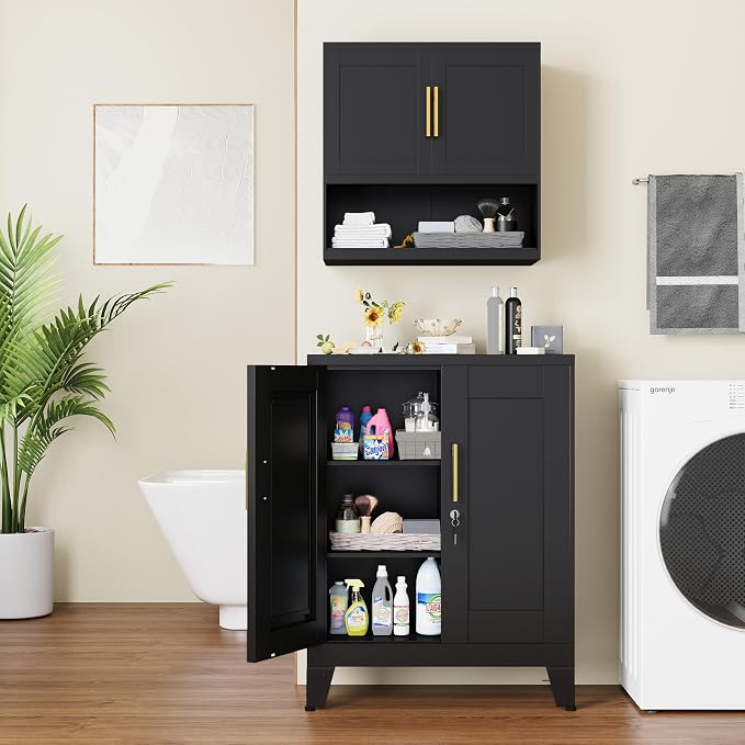 GAIOUS 36" Tall Metal Storage Cabinet with Lock, Locking Cabinet with 2 Doors and 2 Adjustable Shelves, Black Bathroom Floor Cabinets, Freestanding Locked File Cabinets for Home/Office/Garage