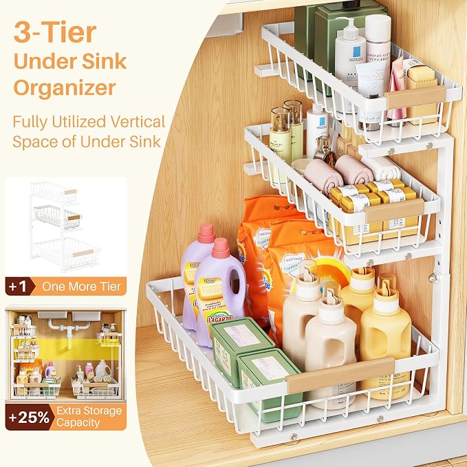 PXRACK Under Sink Organizer, 2-Pack 3-Tier Height Adjustable Thickened Metal Pull out Cabinet Organizer Shelf, Slide out Storage Drawer Rack for Bathroom Kitchen Pantry Home Organization, White