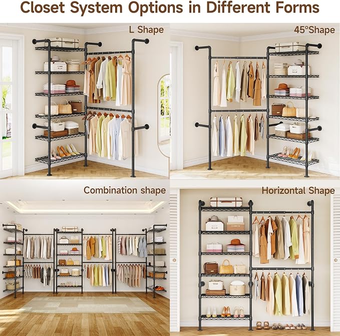 H2 Wall Mounted Clothing Rack, Expandable Industrial Pipe Clothes Rack Garment Racks for Hanging Clothes, Heavy Duty Closet Organizers and Storage in Closet System, Black