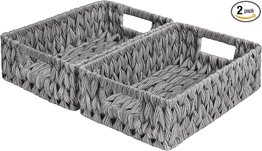 GRANNY SAYS Wicker Baskets for Storage, Waterproof Storage Baskets, Odorless Wicker Basket with Handles, Decorative Storage Containers, Gray Basket for Pantry Storage, 2-Pack