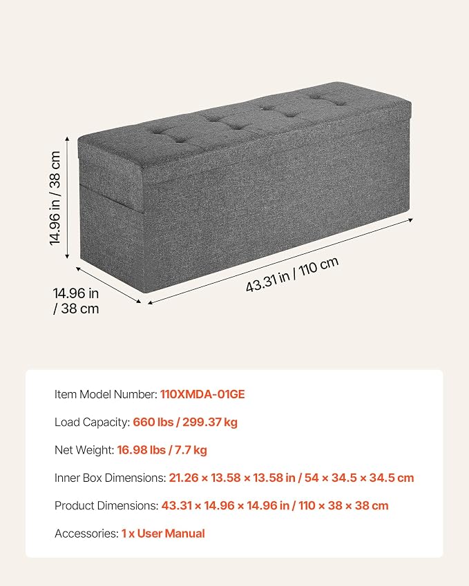 VEVOR Foldable Storage Ottoman Bench, End of Bed Bench with Side Bags, Folding Upholstered Storage Chest Supports 660 lbs, Linen Bed Ottoman with Large Space for Living Room, Bedroom, Entryway, Grey