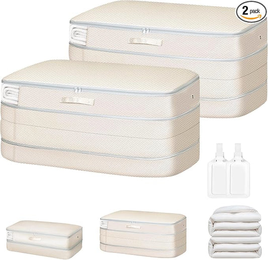 Comforter Storage Bag - Large Capacity Bedding Storage Bags Ultra Space Saving Self Compression Organizer, Washable Compression Bags for Storage Comforter Blanket Duvet Pillow, 2-Pack, Beige
