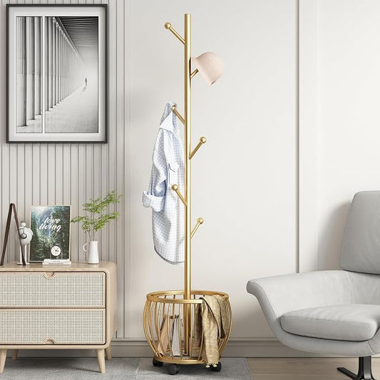 Coat Rack Freestanding Coat Stand with Basket 6 Hooks Wheels,Gold | Metal Coat Rack Stand Coat Tree for Home Entryway Bedroom Living Room Office Corner Modern Organizer for Scarf Jacket Hat Bag
