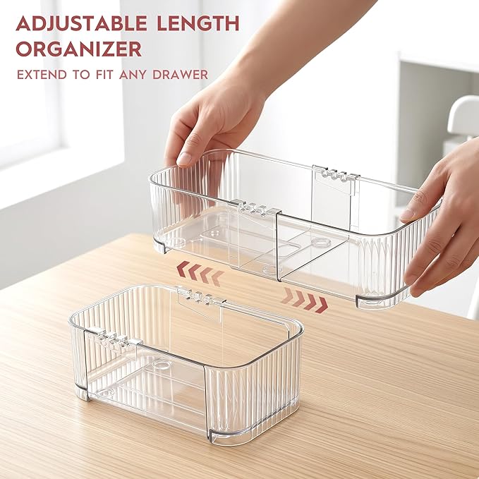 Expandable Drawer Organizer Set, Clear Adjustable Drawer Dividers, 4-Piece Storage Trays for Kitchen, Bathroom, Makeup, Office, Durable PET Material