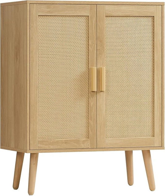 Iwell Storage Cabinet with 2 Shelves, Rattan Cabinet with 2 Doors, Sideboard Buffet Cabinets with Storage for Living Room, Dining Room, Entryway, Natural