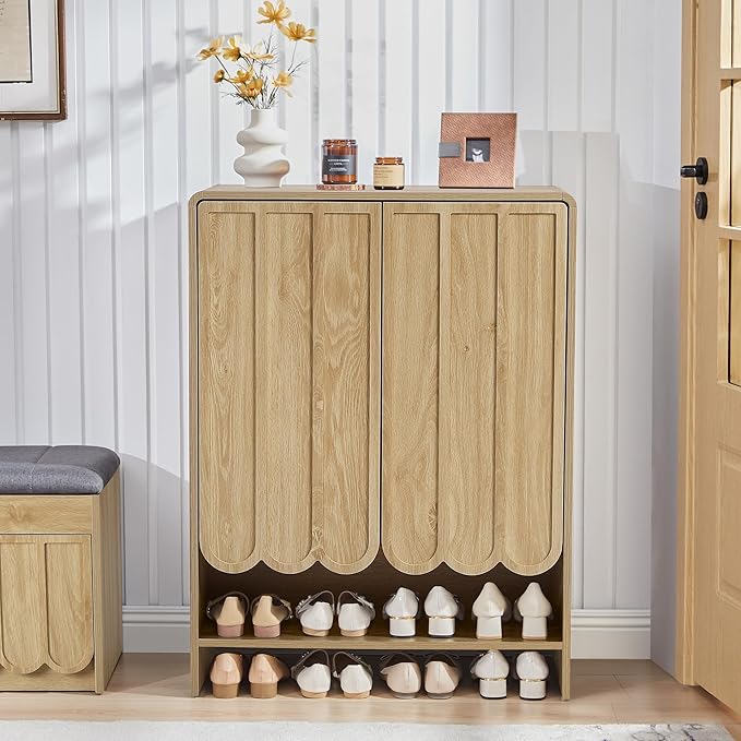 Shoe Storage Cabinet with Scalloped Doors, 5-Tier Wooden Shoe Cabinet with Adjustable Shelves, Shoes Rack Storage Organizer for Entryway, Hallway, Living Room, Natural