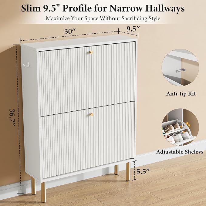 Nicetree Shoe Storage Cabinet for Entryway - 2 Flip Drawers Shoe Cabinet with Tiered Fluted Design - Slim Shoe Storage Rack with Gold Legs - Narrow Shoe Cabinet Hidden Shoe Organizer for Small Spaces
