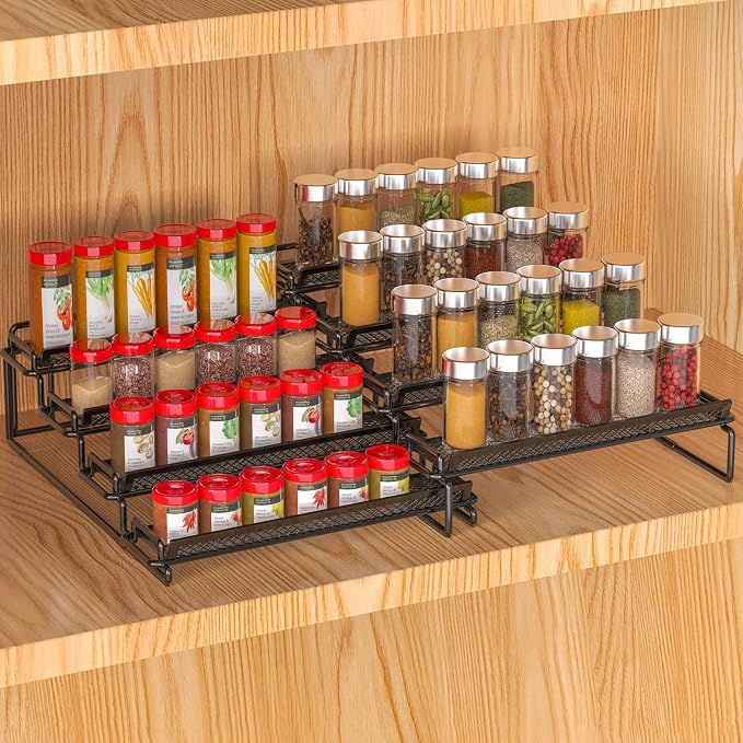 2 Pack Spice Rack Organizer for Cabinet, 4 Tier Black (S&L) Seasoning Organizer Rack for Inside Cabinets, Countertop, Pantry Storage