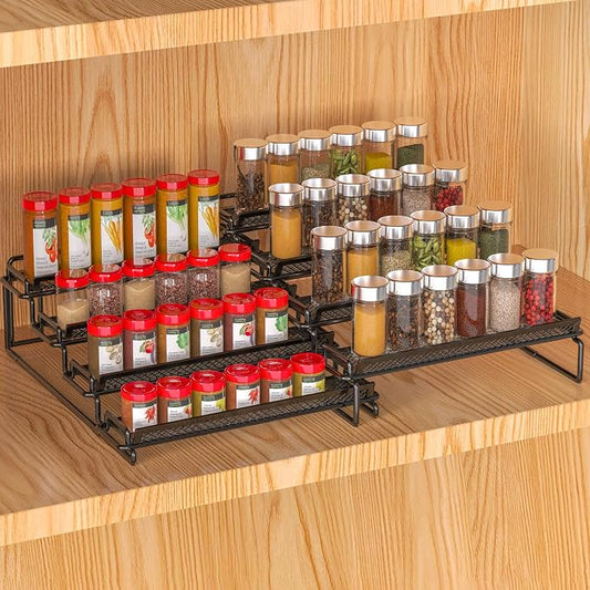 2 Pack Spice Rack Organizer for Cabinet, 4 Tier Black (S&L) Seasoning Organizer Rack for Inside Cabinets, Countertop, Pantry Storage