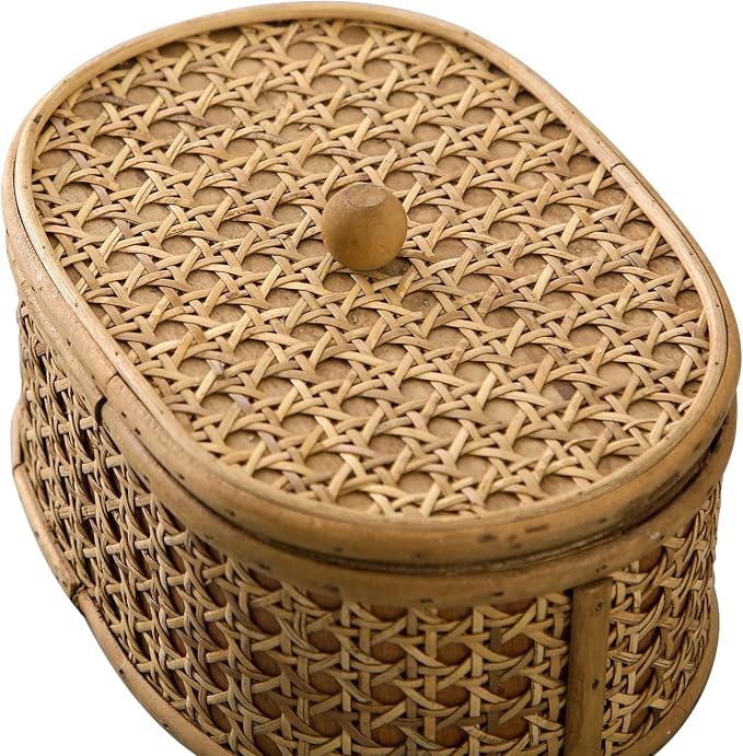SOFE Rattan Decorative Box with Lid, Small Oval Box for Storage, Hand-Woven Display Boxes for Organizing Jewelry, Candies, Snacks, Keys, Farmhouse & Boho & Modern Home Decor, Dresser Decor