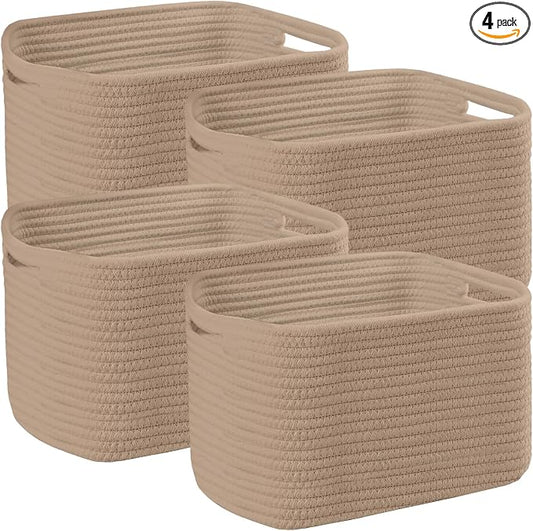 4 Pack Storage Baskets for Organizing, 11''Lx9''Wx8''H Woven Baskets for Storage Toys, Towels, Books, and Clothes, Cotton Rope Basket for Shelves with Handle