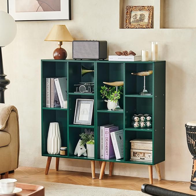 LEYAOYAO 5 Cube Bookshelf,Mid-Century Modern Bookcase with Legs,Dark Green | 3 Tier Book Shelf,Rustic Wood Bookshelves Freestanding Small Storage Organizer, Open Shelves for Bedroom, Living Room, Office