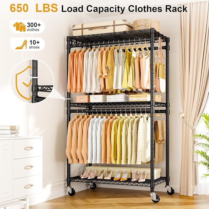 P5 Rolling Clothes Rack, Clothing Racks for Hanging Clothes, Black | Heavy Duty Garment Rack with Wheels, 3-Tier Shelves, Portable Closet Racks 39.4'' W × 20.5'' D × 80.5'' H, Max Load 650 Lbs