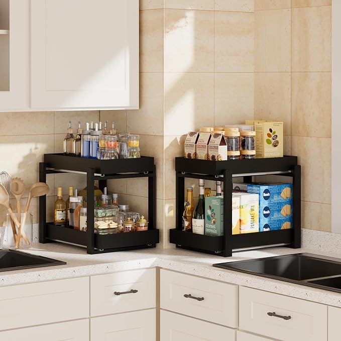 APRTAT 2 Pack Bamboo Under Sink Organizer, 2-Tier Pull Out Storage Drawers | Smooth pull-out drawers keep cleaners and tall bottles visible, organized and easy to reach in kitchen or bathroom cabinets