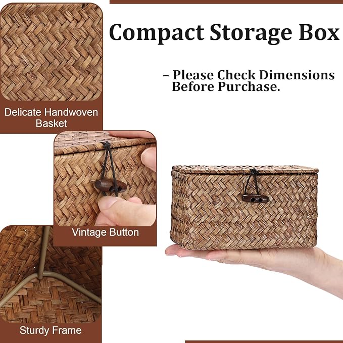 Small Wicker Basket with Lid, Seagrass Organizer, 6.1" x 4" x 3.3" | Handwoven Wicker Storage Basket, Multipurpose Household Organizer for Dental Floss, Paper Clip, Home Decor