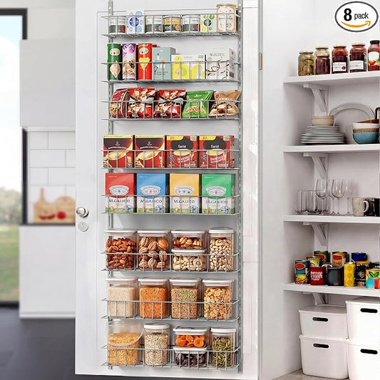 ElegantArray 8-Tier Pantry Door Organizer, Light Gray | Over The Door, Hanging Spice Rack Shelves, Home Office Laundry Room Bathroom & Kitchen, Storage Rack