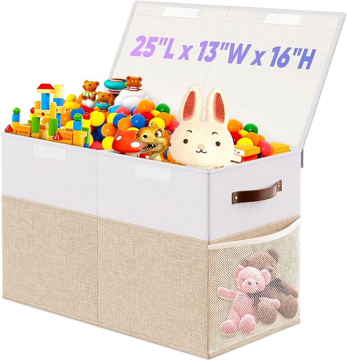 Large Toy Storage Box with Lid & Dividers, Kids Toy Chest, Beige and White | Toy Box for Boys, Girls, Nursery, Bedroom, Living Room, Playroom, 25 x 13 x 16 inches