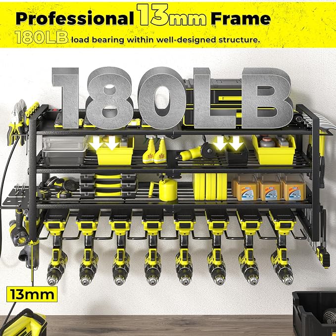 Power Tool Organizer with Charging Station.Garage 8 Drill Holder Built in 8 Outlets Power Strip,Tool Storage Shelf Wall Mount,Tool Battery Organizer with Screwdriver/Hammer/Air Tool Rack
