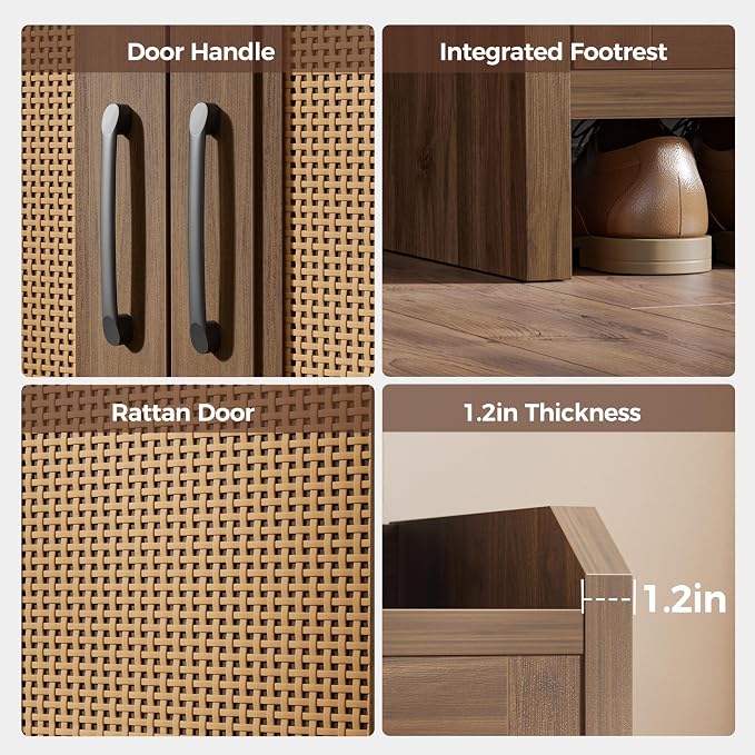 Shoe Cabinet Storage for Entryway, Natural Rattan Storage Cabinet, Wooden Shoe Rack, Farmhouse Boho Wood Shoe Organizer Cabinet for Hallway Walnut
