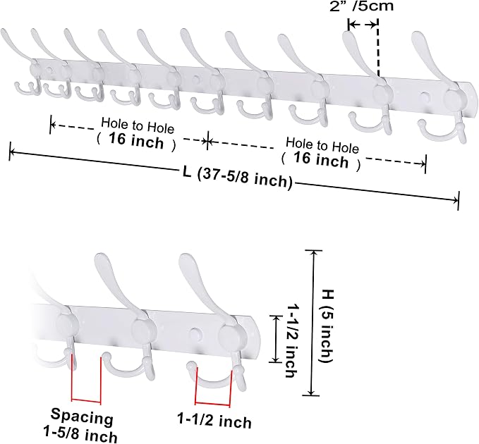Dseap Coat Rack Wall Mount - 38” Long 10-Tri-Hooks Heavy Duty Coat Hanger Rail Wall Hooks for Hanging Coats Hats Clothing Clothes Purse Mudroom Entryway, White, Pack of 2