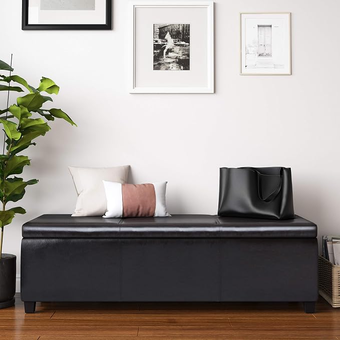 SIMPLIHOME Cosmopolitan 34" Wide Linen Look Fabric Storage Ottoman in Teal | Contemporary lift-top ottoman with high-density foam; rectangle storage bench or coffee table for living room or entryway.