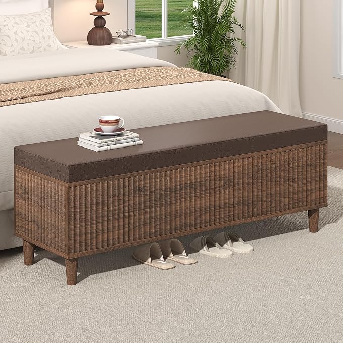 51" Storage Ottoman Bench, Fluted Wooden End of Bed Storage Bench with Leather Upholstererd, Mid-Century Modern Entryway Bench with Lift Top for Bedroom, Living Room, Entryway