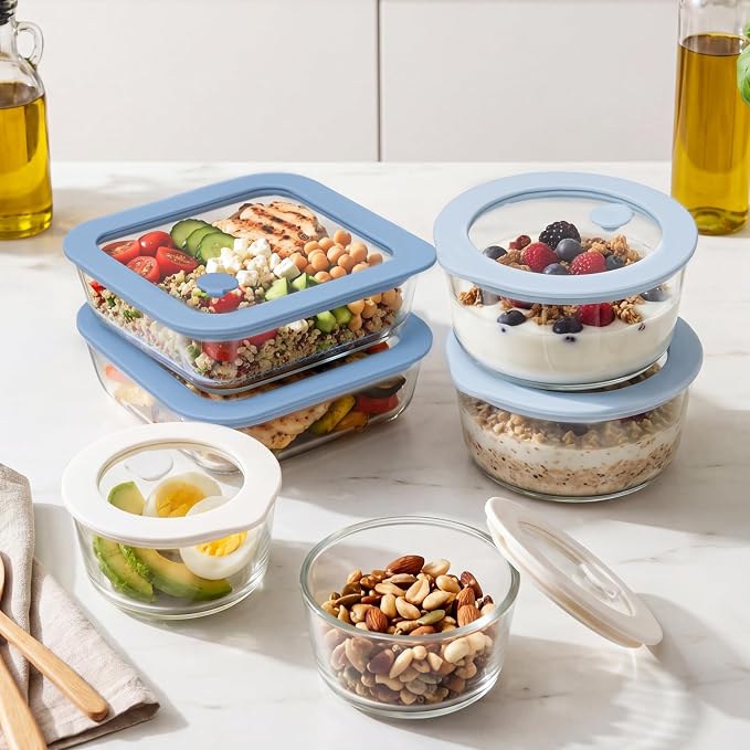 Glass Food Container Set with Silicone Glass Lid, Square & Round Shape, 6 Pack, Airtight, LeakProof, 100% Plastic Free, Meal Prep Food Storage Containers, Blue & White Color