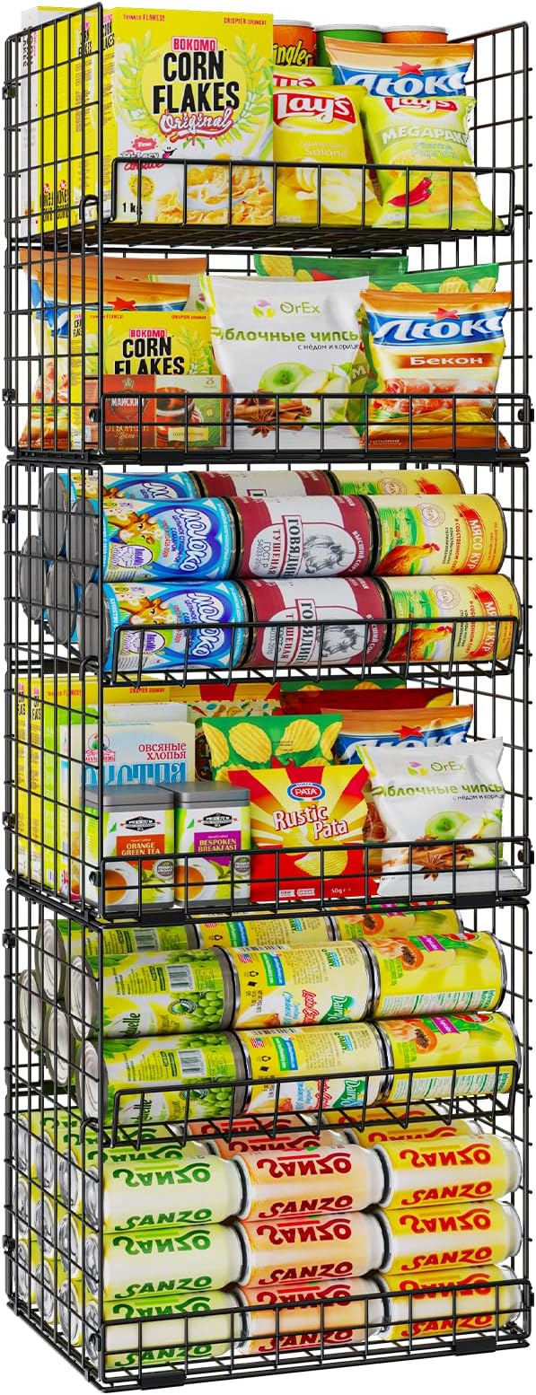 JKsmart 6-Tier XXL Stackable Wire Basket, Snack Organizer for Countertop | Pantry Organizers and Storage with Dividers & Handles, Can Organizer Space Saving Storage Bins for Snacks Fruits Veggies