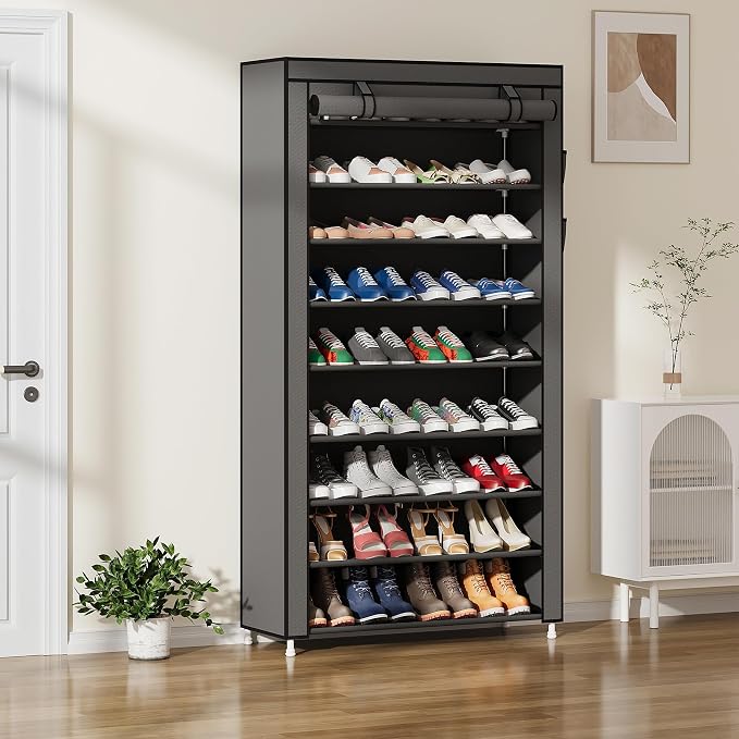 Laiensia 9-Tier Vertical Shoe Rack Organizer, Space Saving Shoe Storage Organizer, Non-Woven Cover Shoe Shelf Holds 36-45Pairs for Bedroom, Hallway, Closet Entryway, Grey