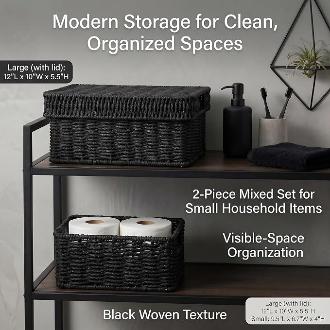 Wicker Storage Basket with Lid for Shelves, Set of 2, Black | One rectangular wicker basket with lid and one open basket for decorative shelf storage; removable lid flips into a tray.