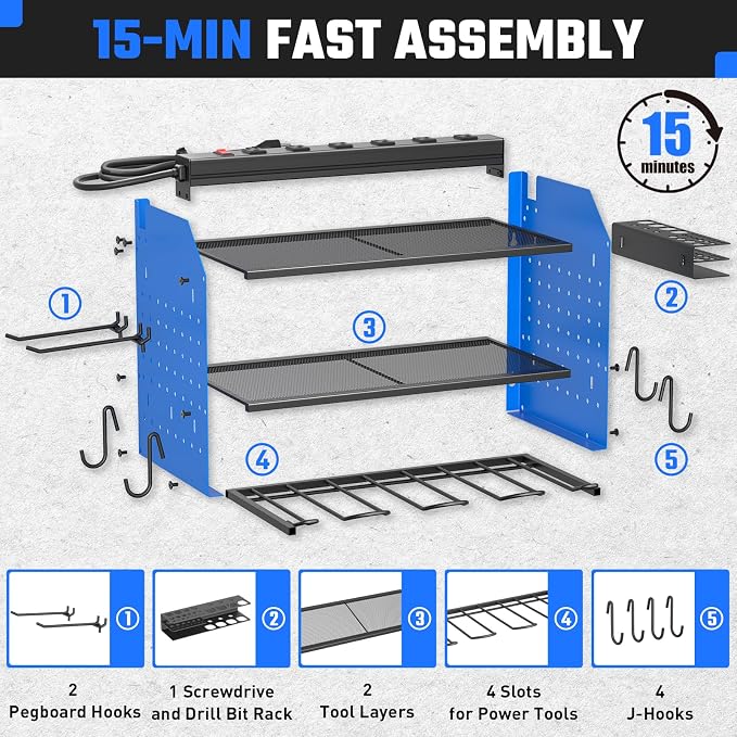 Power Tool Organizer Wall Mount 3 Layer Charging Station with 6 Outlets | Heavy Duty Tool Holder Storage Shelf Rack for Garage, Workbench and Workshop, Black, 4 Drill Holders and Drill Bit Rack, Blue