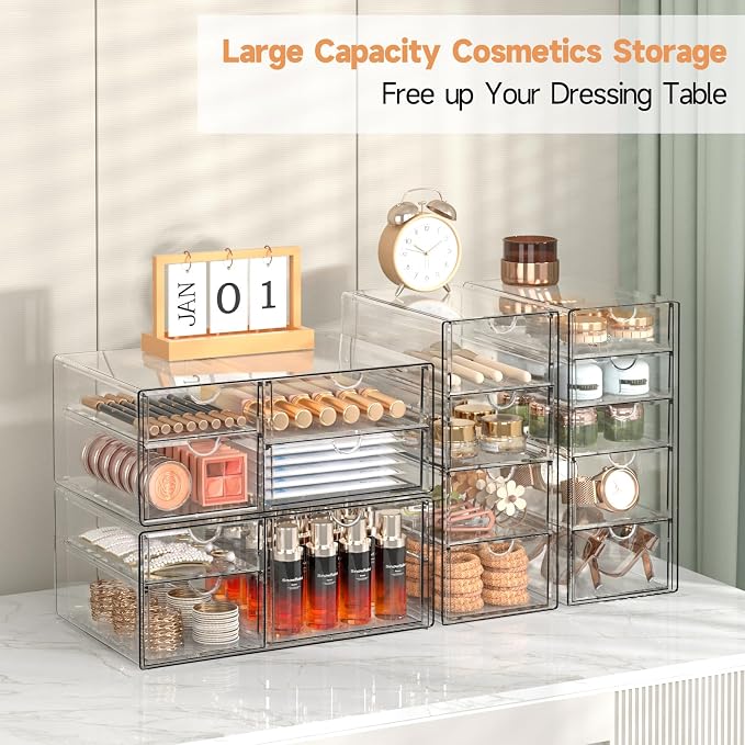 DOMNIU Acrylic Makeup Drawer Storage Organizer with 16 Drawers, 4 Set | Office Desk Organization and Storage, Dustproof Drawer Organizer for Makeup, Countertop, Jewelry, Desktop, Bathroom, Bedroom