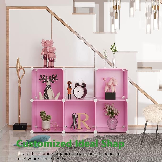 C&AHOME 6-Cube Storage Organizer Cube Shelf Closet Storage Bookcase, Pink | Stackable Cubby Storage, Bookshelf, Portable Plastic Storage Closet Organizer, DIY Modular Shelving Units for Home, Wardrobe