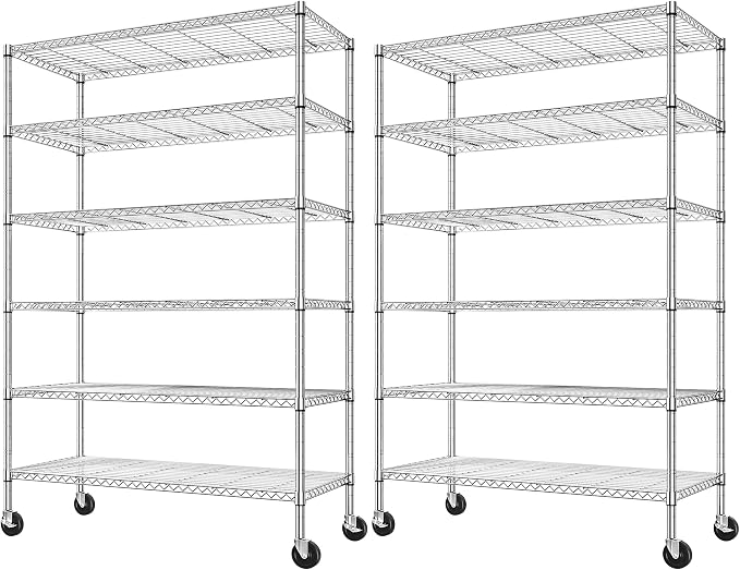 Romorgniz 6-Tier Rolling Storage Shelves with Locking Wheels, Chrome, 2PC | Heavy duty 6-tier wire shelving unit, 1200lbs capacity, Adjustable shelves, Rust-proof chrome, For pantry, kitchen, basement
