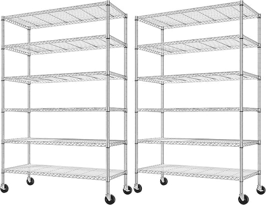 Romorgniz 6-Tier Rolling Storage Shelves with Locking Wheels, Chrome, 2PC | Heavy duty 6-tier wire shelving unit, 1200lbs capacity, Adjustable shelves, Rust-proof chrome, For pantry, kitchen, basement